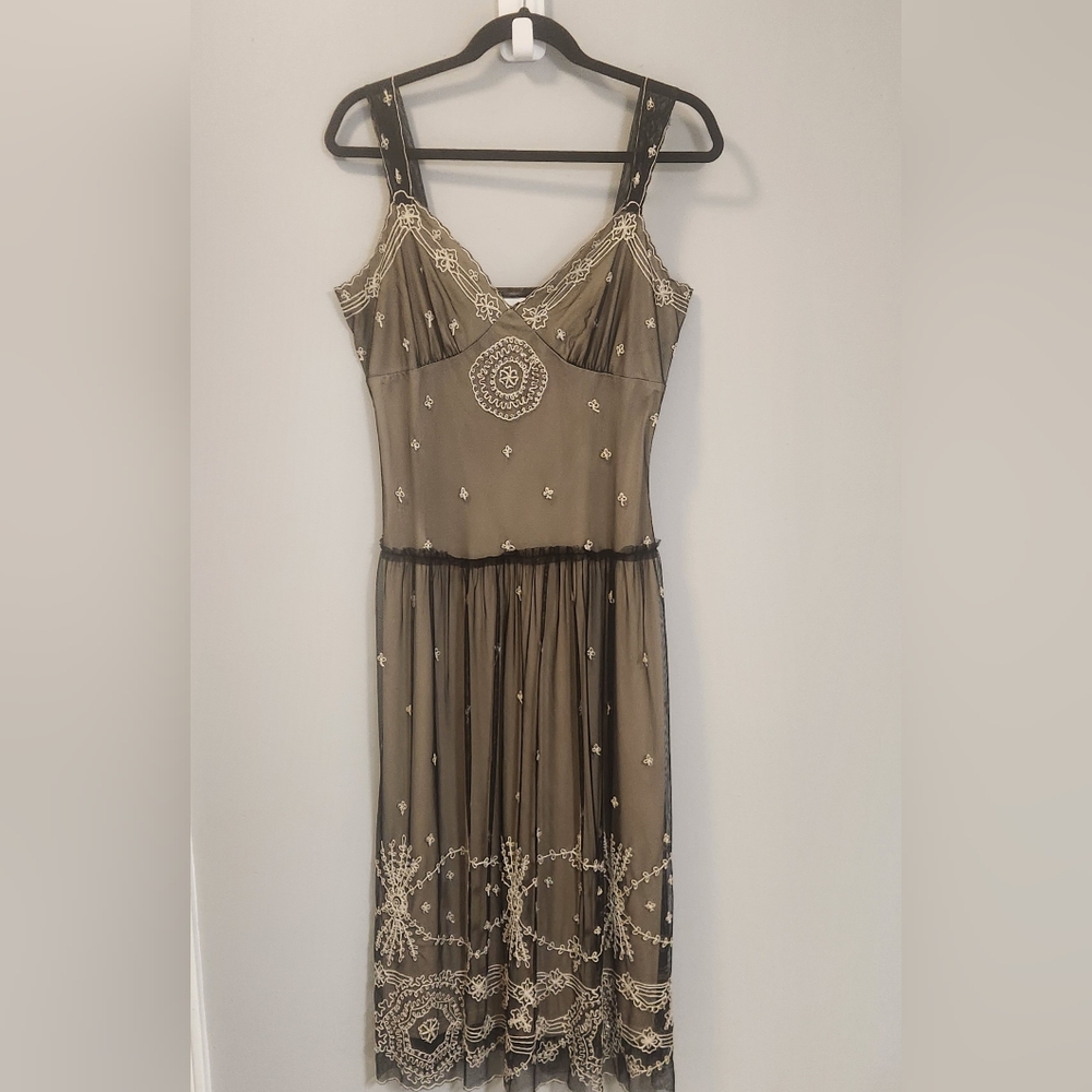 Newport News Embroidered Overlay Midi Dress Black And Cream Size M Y2K Romance - Picture 2 of 13